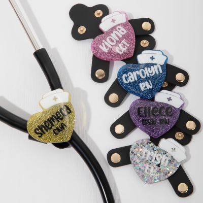 Personalized Name Heart with Nurse Hat Stethoscope Yoke ID Tag, Glitter Stethoscope Name Tag, Appreciation/Graduation Gift for Nurses/Medical Students