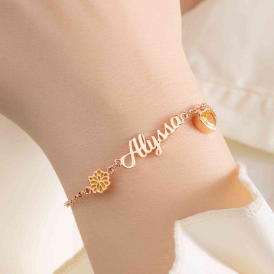 Personalized Birth Flower & Heart Birthstone Bracelet with Name, Sterling Silver 925 Adjustable Bracelet, Mother's Day/Birthday Gift for Her/Mom/Women
