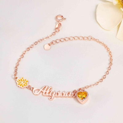 Personalized Birth Flower & Heart Birthstone Bracelet with Name, Sterling Silver 925 Adjustable Bracelet, Mother's Day/Birthday Gift for Her/Mom/Women