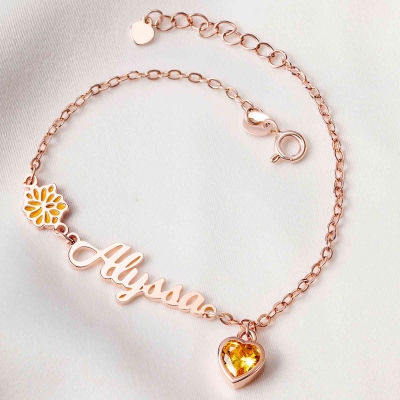 Personalized Birth Flower & Heart Birthstone Bracelet with Name, Sterling Silver 925 Adjustable Bracelet, Mother's Day/Birthday Gift for Her/Mom/Women