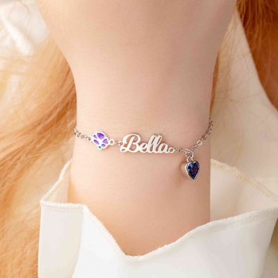 Personalized Birth Flower & Heart Birthstone Bracelet with Name, Sterling Silver 925 Adjustable Bracelet, Mother's Day/Birthday Gift for Her/Mom/Women