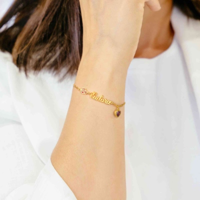 Personalized Birth Flower & Heart Birthstone Bracelet with Name, Sterling Silver 925 Adjustable Bracelet, Mother's Day/Birthday Gift for Her/Mom/Women