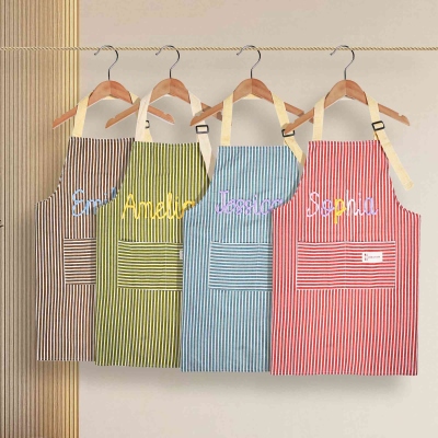 Personalized Name Yarn Striped Apron, Multicolor Chef Apron with Pockets & Adjustable Strap, Gift for Cooks/Bakers/Gardening Lovers/Manicurists