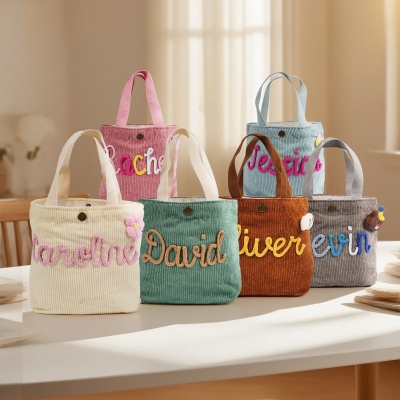 Personalized Name Yarn Corduroy Lunch Bag with Flower/Animal/Bow Detail, Travel Accessories, Back to School/Birthday/Christmas Gift for Toddlers/Kids