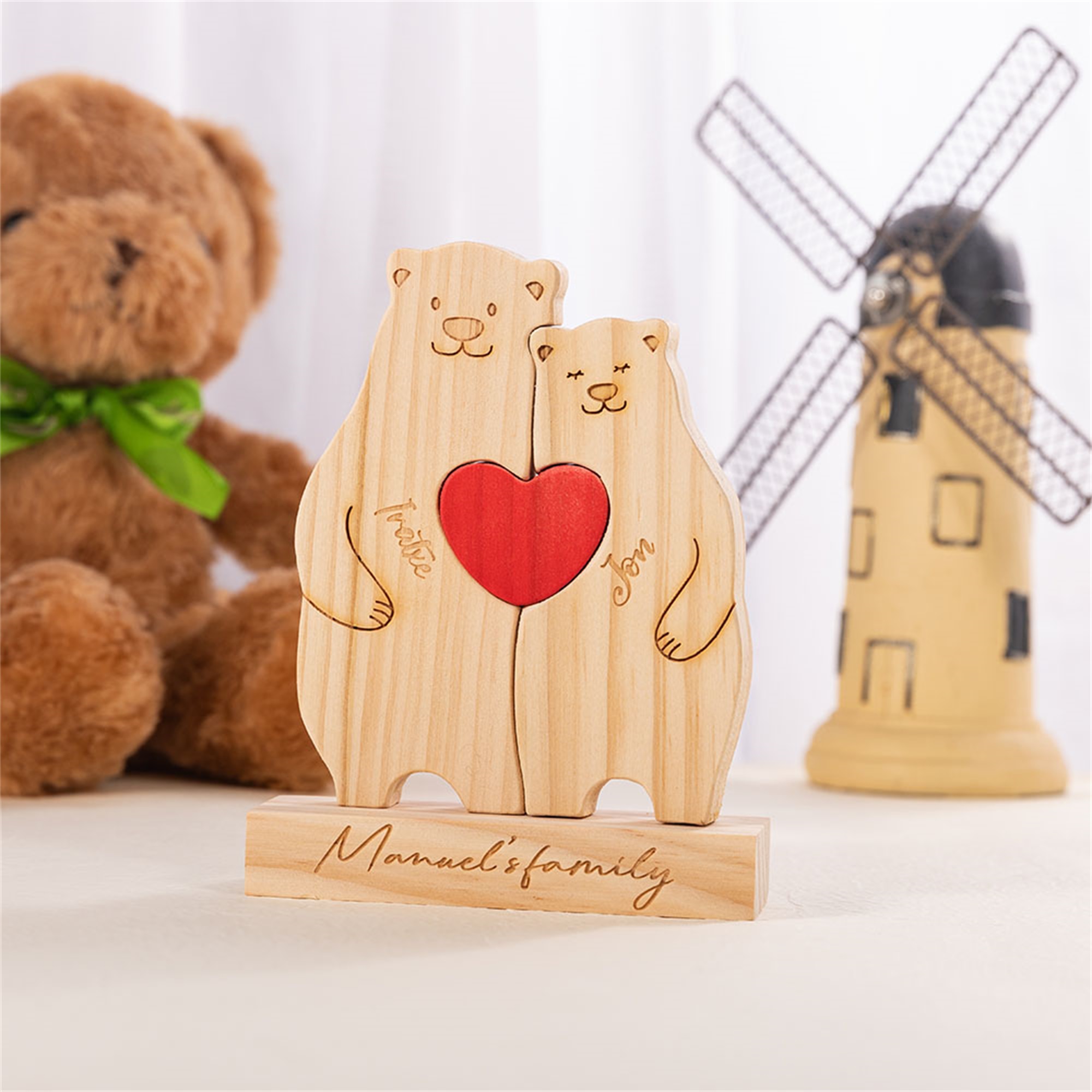 Personalized Bear Family Puzzle with 2-6 Names & Red Heart, Wooden