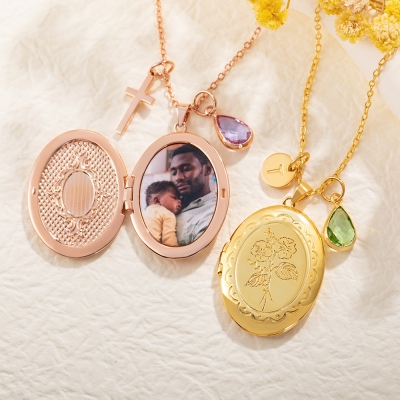 Custom Engrave Birth Flower Necklace with Birthstone Locket, Personalized Initial Disc Pendant Birthstone, Mother‘s Day/Wedding/Anniversary Gift, Gift for Her