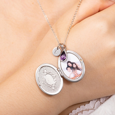 Custom Engrave Birth Flower Necklace with Birthstone Locket, Personalized Initial Disc Pendant Birthstone, Mother‘s Day/Wedding/Anniversary Gift, Gift for Her