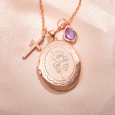 Custom Engrave Birth Flower Necklace with Birthstone Locket, Personalized Initial Disc Pendant Birthstone, Mother‘s Day/Wedding/Anniversary Gift, Gift for Her