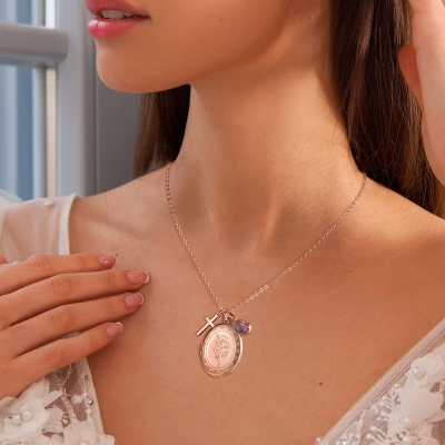 Custom Engrave Birth Flower Necklace with Birthstone Locket, Personalized Initial Disc Pendant Birthstone, Mother‘s Day/Wedding/Anniversary Gift, Gift for Her