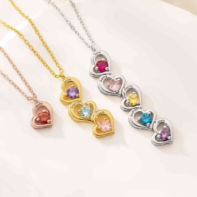 Personalized 1-5 Heart Necklace with Names & Birthstones, Dainty Family Birthstone Jewelry, Birthday/Anniversary/Mother's Day Gift for Her/Wife/Mom