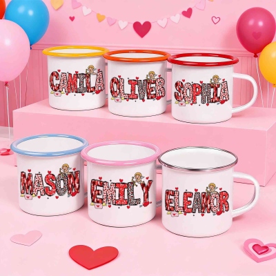 Personalized Name Heart Valentine's Day Enamel Mug, 12oz Tin Camping Mug with Handle, Class Exchange Party Favor, Valentine's Day Gift for Kids