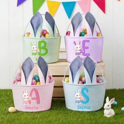 Personalized Name Cartoon Bunny & Colorful Egg Alphabet Easter Basket with Rabbit Ears, Seersucker Easter Egg Hunt Basket, Easter Gift for Kids