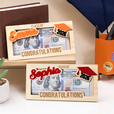 Personalized Name Graduation Money Holder with Bachelor's Hat, Class of 2026 Wooden Cash Holder, Graduation Party Favor, Gift for Graduates/Students
