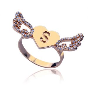 Heart Angel Wings Ring Engraved Initial & Birthstone Rose Gold