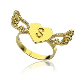 Angel Wings Heart Ring with Birthstone & Initial 18k Gold Plated