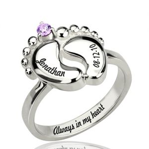 Engraved Baby Feet Ring with Birthstone Platinum Plated