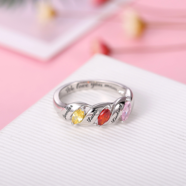 Engraved Mother's Twining Ring with 3 Horse Eye Birthstones ...