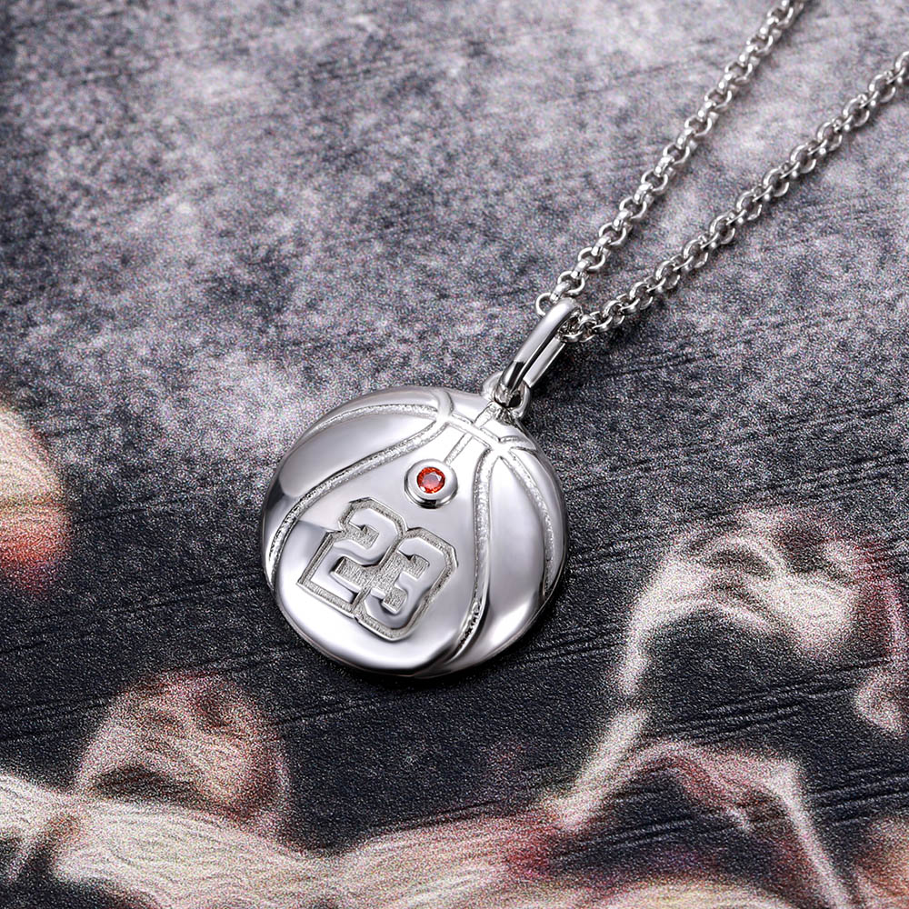 Silver Basketball Necklace with Engraved Number and Birthstone 