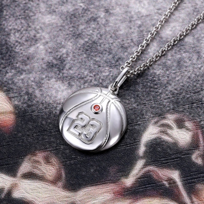 Silver Basketball Necklace with Engraved Number and Birthstone 