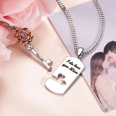 Personalized Rose Key Couple Necklace Valentine's Day Gifts
