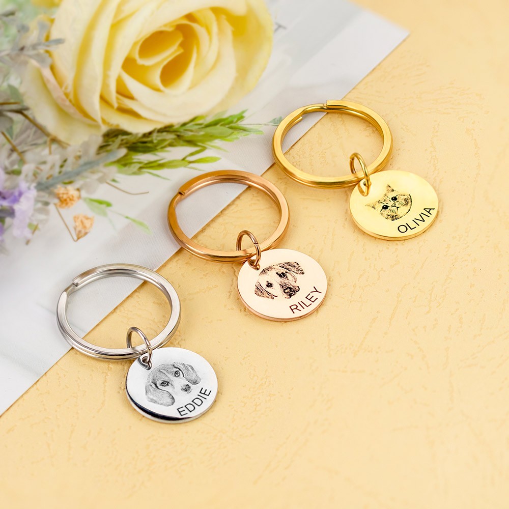 Personalized Dog Cat Keychain with Photo Engraved, Pet Portrait Memorial Keepsake Gift for Pet Loss/Dog Father/Cat Mom
