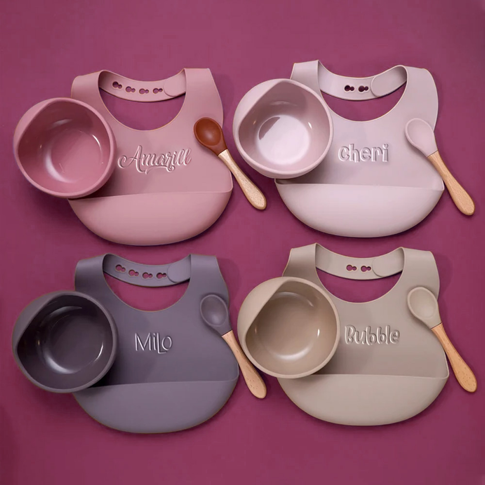 Personalized Engraved Silicone Bib, Suction Bowl and Plates, Spoon Feeding Set, Baby-led Weaning Supplies, New Baby Toddler Dinnerware