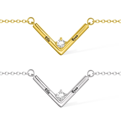 カスタムネームV字型バーネックレス、宝石付き真鍮ペンダント、誕生日/記念日/バレンタインデー/母の日ギフト/妻/お母さん