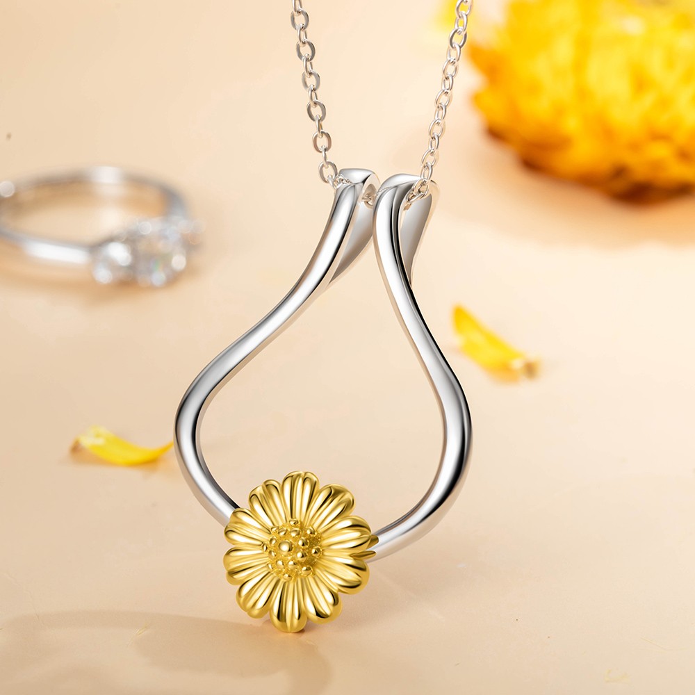 Ring Holder Necklace, Sterling Silver Ring Keeper with Sunflower, Engagement Wedding Ring Necklace Holder, Gift for Wife Girlfriend