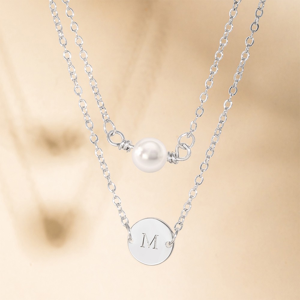 Personalized Layered Initial Necklace, Pearl Birthstone and Initial Disc Necklace, Sterling Silver 925 Necklace, Birthday Gift for Her/Mom/Wife