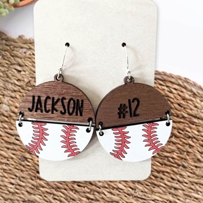 Boucles d'oreilles personnalisées de baseball/softball avec nom/numéro, bijoux de pom-pom girl de sport en bois, cadeaux de sport pour joueur/fans/fille/maman de baseball