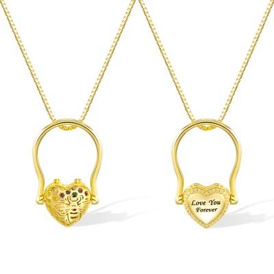 Custom Engraved Heart Locket Ring&Necklace with Birthstone, Honeycomb Heart Ring, Photo Locket Necklace, Heart Necklace with Bee, Gift for Women/Mom