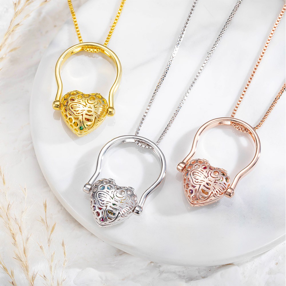 Custom Engraved Heart Locket Ring&Necklace with Birthstone
