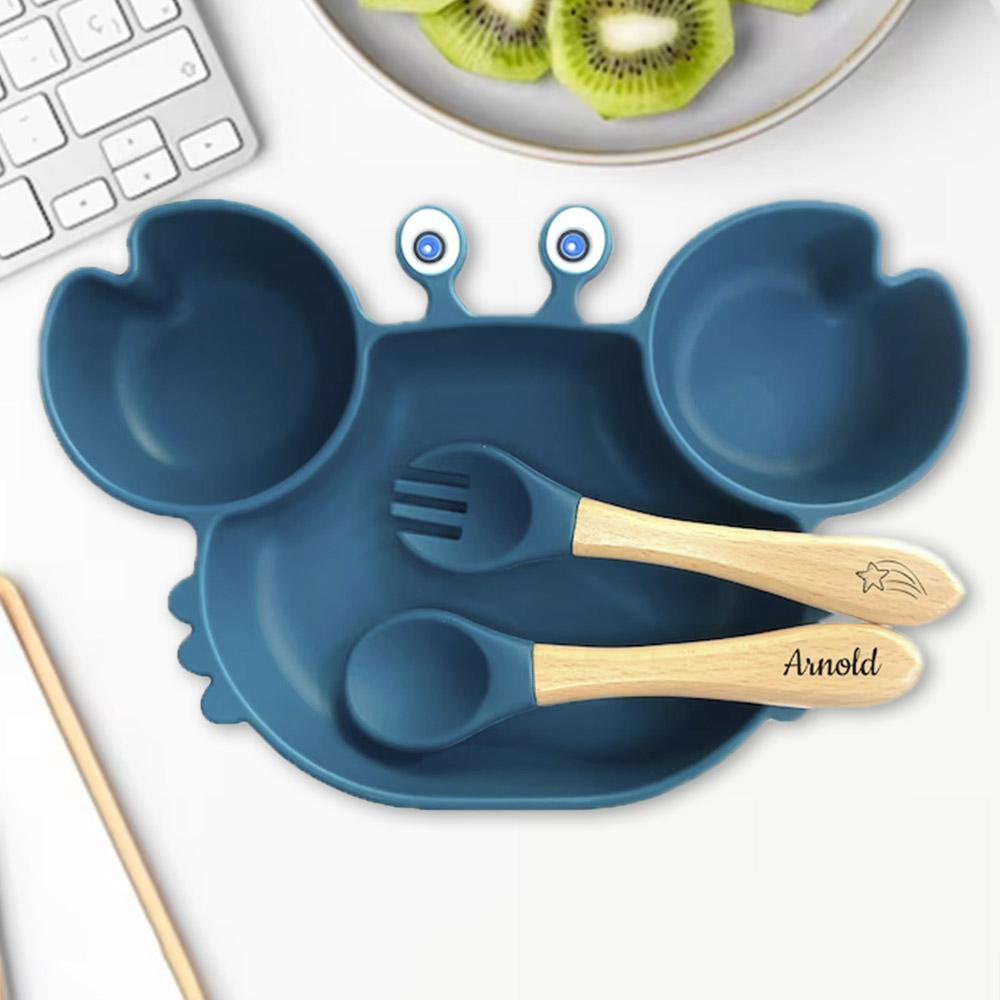 Personalized Engraved Crab Suction Plates for Baby, Silicone Bib & Bowl