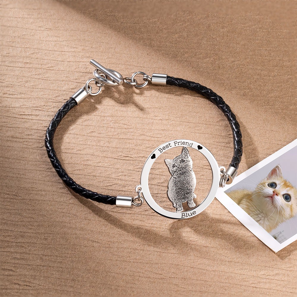 Custom Pet Photo Bracelet Unique Cute Dog Cat Animal Portrait Charm Bracelet with Engraved, Inspirational Memorial Jewelry