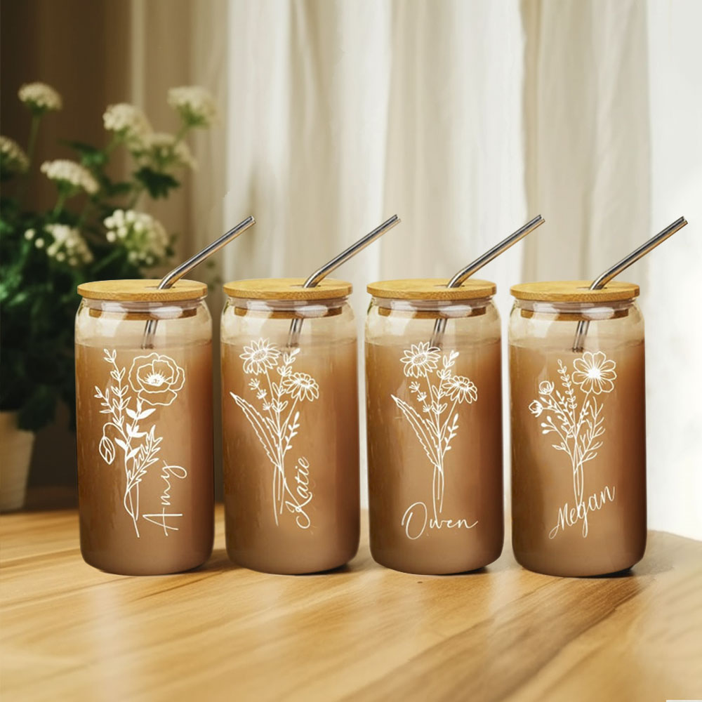 Gepersonaliseerde Geboorte Bloem Iced Coffee Cup, Custom Name Glass, Tumbler met Deksel en Stro