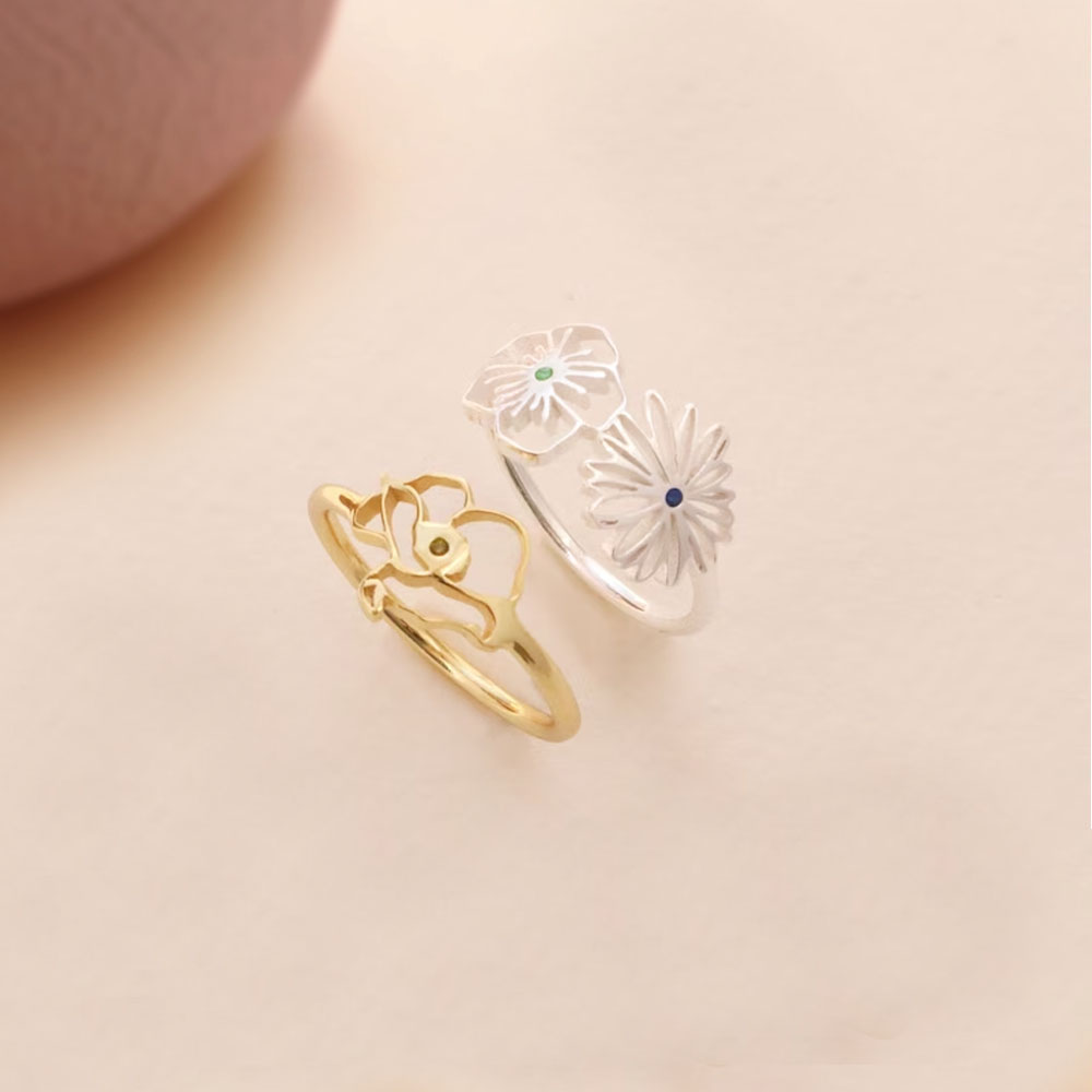 Multiple Birth Flower Ring, Sterling Silver 925 Birth Flower Jewelry