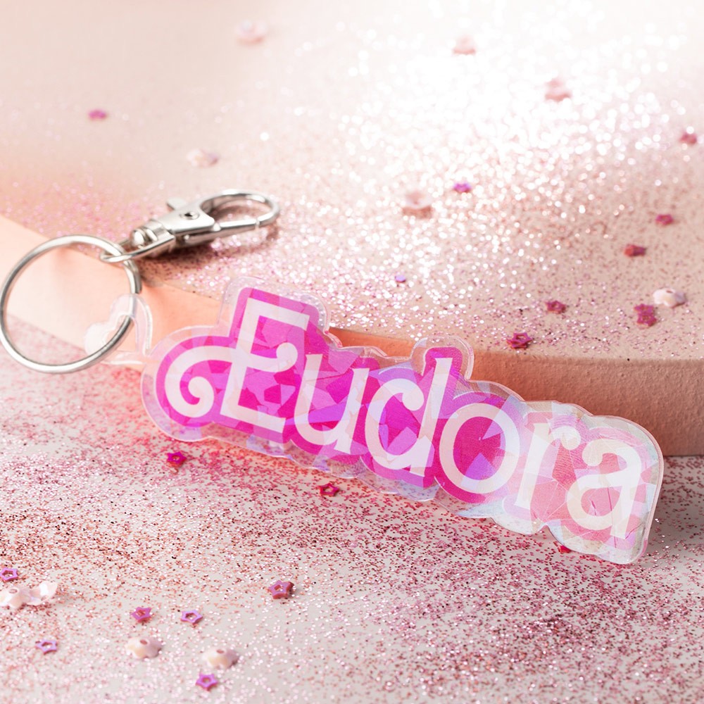 Custom Pink Name Acrylic Keychain, Let's go Party, Custom Name Keychain