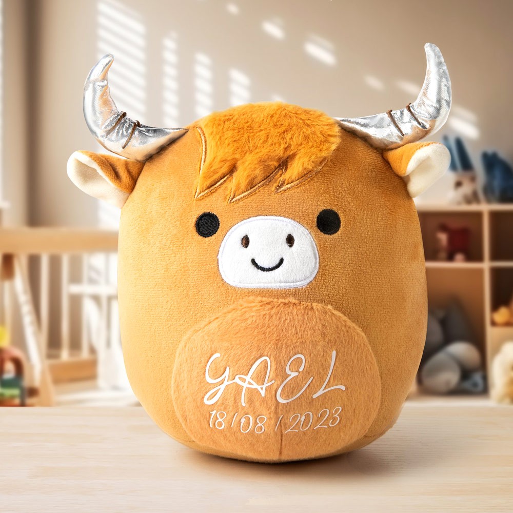 Personalized Name Highland Cow Plush Toy, Soft Brown Fluffy Cow Plushies, Highland Cow Stuffed Animal Pillow, Cow Bedroom Decor, Gift for Children