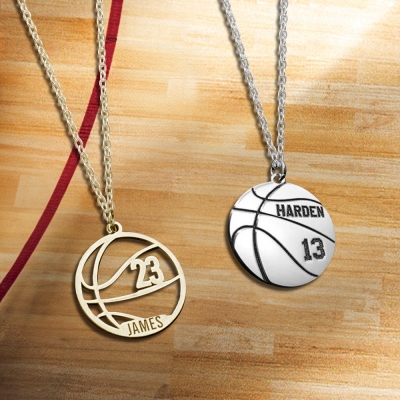 Nome e numero personalizzati Collana da basket, Collana in argento sterling con ciondolo da basket, Accessorio sportivo, Regalo per giocatori di basket/amanti dello sport