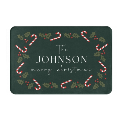 Custom Christmas Holly Candy Canes Welcome Doormat, Housewarming Outdoor Non-slip Mat, Festive Porch Decoration, Christmas Gift for Family/Friends