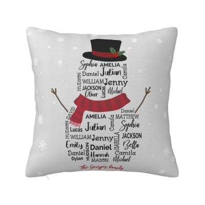 Cuscino con pupazzo di neve con nome di famiglia personalizzato, fodera per cuscino di cartoni animati di Natale, ornamento di Natale, decorazioni per la casa, regali di Natale, regali per nonni/famiglia