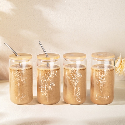 Personalisierte Eiskaffeetasse mit Geburtsblume, individuelles Namensglas, Becher mit Deckel und Strohhalm, Brautjungfern-Antragsbox-Idee, Hochzeitsgeschenk, Geschenk für Sie