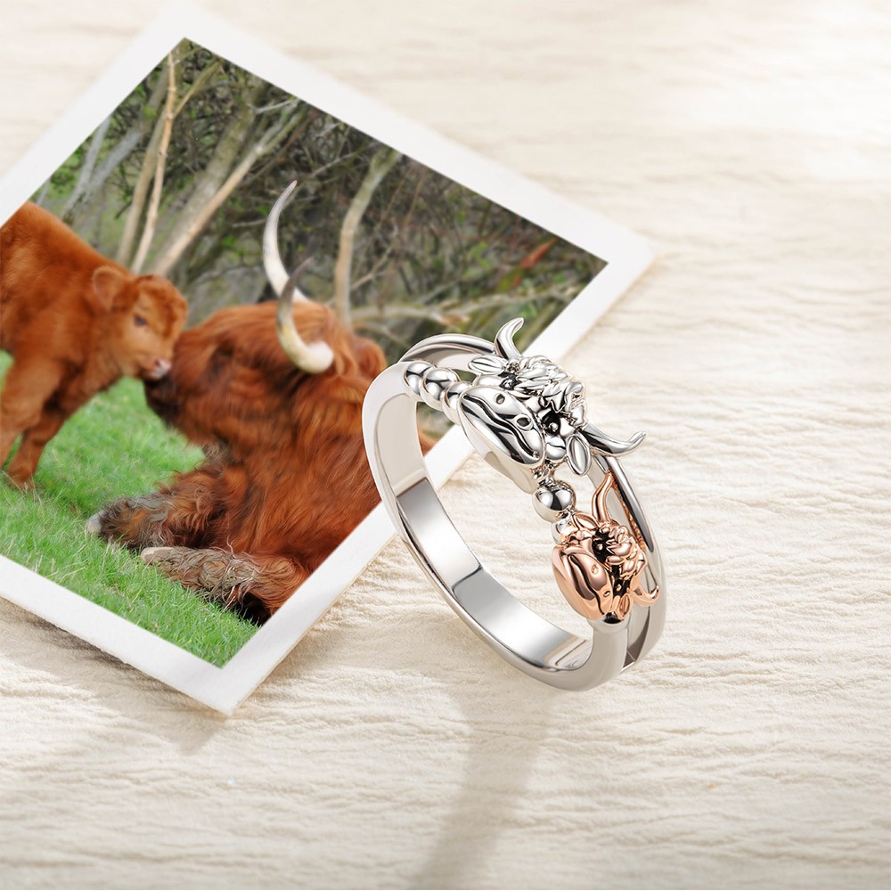 Custom Name Highland Cow Ring, Highland Cow-smycken, Statement-ringar, mor-dotter-ringar, julklappar till cowgirls/djurälskare/mamma