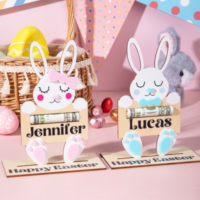Porte-argent personnalisé en forme de lapin de Pâques, nom personnalisé, panier de Pâques en bois, faveur de fête, cadeau de Pâques pour enfants/adolescents/famille