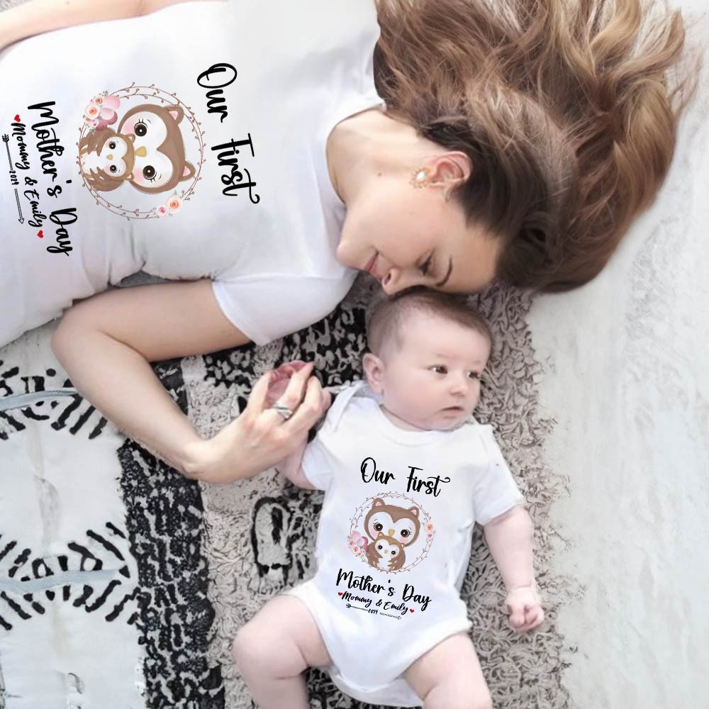 Our First Mother's Day Mom and Baby Set/Matching Shirt, Mummy and Baby Gift, Mama Baby Owls, T-shirt Bodysuit Romper Babygrow Vest Set, New Mom Gift, Mother's Day Gift