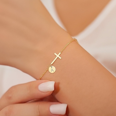 Personalized Cross Initial Disc Bracelet, Sterling Silver 925 Religious Baptism Faith Jewelry, Christian Gift, Birthday/Mother's Day Gift for Her/Mom