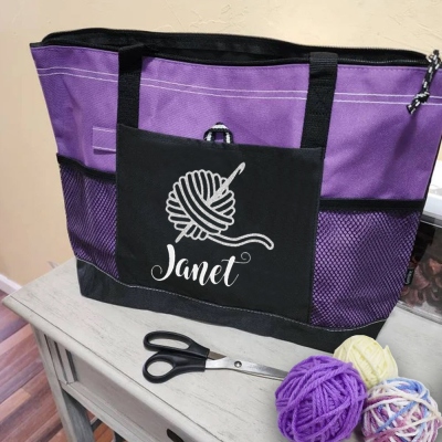 Personalized Crochet Tote Bag, Canvas Zipped Crocheter Utility Bag, Knitting Organizer Tote, Birthday/Christmas/Mother's Day Gift for Mom/Grandma/Her