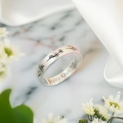 Personalized Birth Flower Bouquet Ring, Custom Name Engraving Sterling Silver Ring, Mother's Day/Birthday/Anniversary Gift for Mom/Her/Women