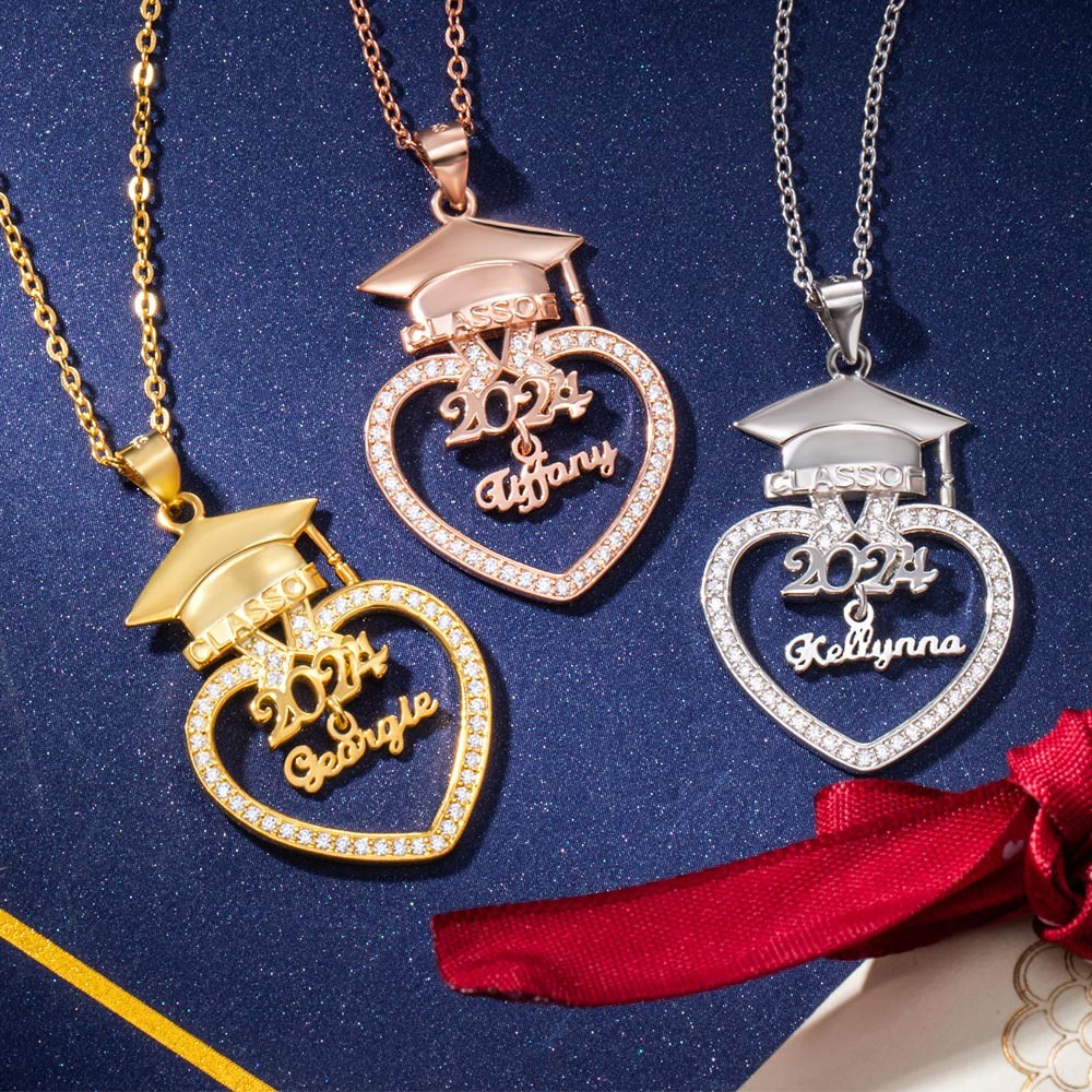 Personalized Name Heart Graduation Necklace, Sterling Silver 925 Bachelor Hat Necklace, Graduation Souvenir, Graduation Gift for Graduates/Daughter
