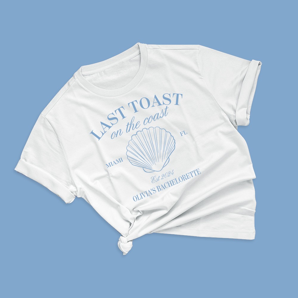 Personalized Last Toast On The Coast Bachelorette Club 100% Cotton T-shirt with Text Beach Bachelorette Party Gift for Her